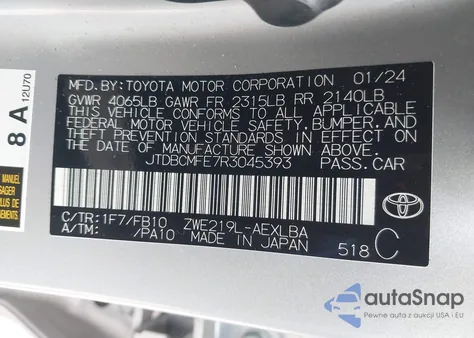 2024 Toyota Corolla Hybrid Le из США, поврежденный, VIN JTDBCMFE7R3045393